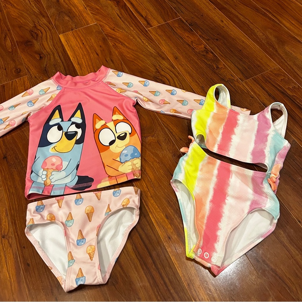 Two swimsuits!  Bluey two piece & multicolored one piece